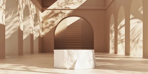Minimales Premium-Podium aus Naturstein auf beigem Hintergrund mit Sonnenschirmschatten. Minimaler Mockup-Hintergrund für die Produktpräsentation. 3D-Rendering-Kosmetik-Werbemodell. © alexey_boldin