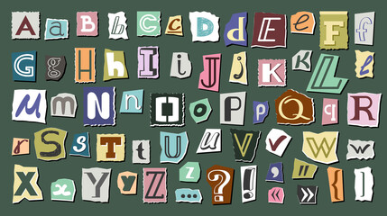 Journal cut letters and symbols set. Colorful alphabet selected from newspaper clippings with capital letters anonymous art typing from scrap letters. Vector typographic communication. © alex_cardo