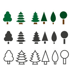 Obraz premium Vector set of cartoon Christmas trees, pines for greeting card, invitation,banner, web. New Years and xmas traditional symbol tree with garlands, light bulb, star. Winter holiday. Icons collection.