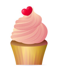 Yummy cupcake decorated with red heart. Tasty sweet muffin festive dessert with whipped pink cream realistic vector illustration isolated on white background