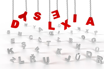Dyslexia and dysgraphia as chaos alphabet, letters hang on chain on white background. - obrazy, fototapety, plakaty