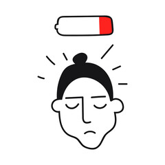 Tired and sad woman face. Burnout concept. Vector outline illustration on white background. 