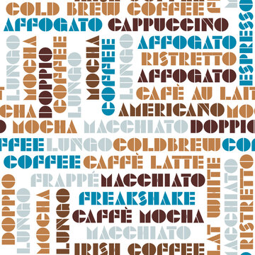 Coffee names seamless pattern. Geometry font. Vector illustration