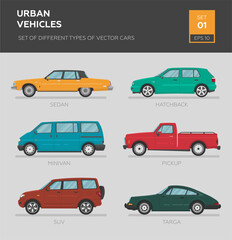 Urban vehicles. Set of different types of vector cars: sedan, hatchback, minivan, pickup, suv, targa. Cartoon flat illustration. Auto for graphic and web design.
