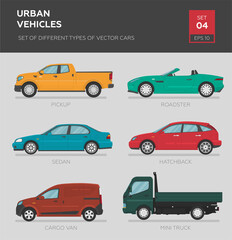 Urban vehicles. Set of different types of vector cars: sedan, hatchback, cargo van, pickup, roadster, mini truck. Cartoon flat illustration, auto for graphic and web design.
