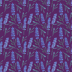 Fototapeta na wymiar Seamless floral pattern with lavender on a purple background. The illustration is executed in watercolor. Can be used for fabric, wrapping paper, wallpaper, scrapbooking, covers, postcards.