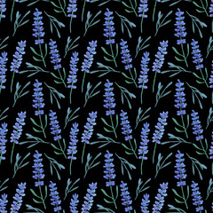 Fototapeta na wymiar Seamless floral pattern with lavender on a the black background. The illustration was done in watercolor. Can be used for fabric, wrapping paper, wallpaper, scrapbooking, covers, postcards.