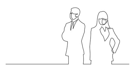 continuous line drawing of couple of business people together wearing face masks