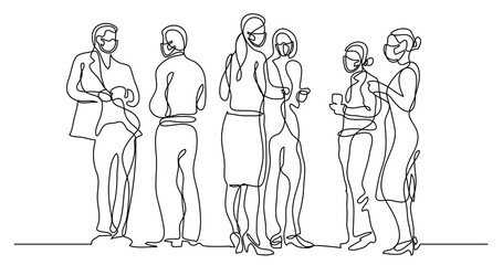 Fototapeta na wymiar continuous line drawing of office party wearing face masks