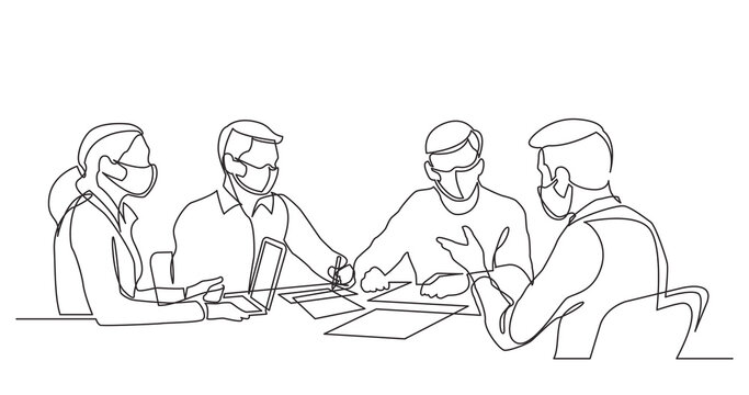 continuous line drawing of office workers at business meeting wearing face masks