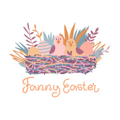 Vector illustration on the theme of Easter in pastel colors. Chickens and eggs in a nest around flowers and grass. Poster, postcard, congratulations.