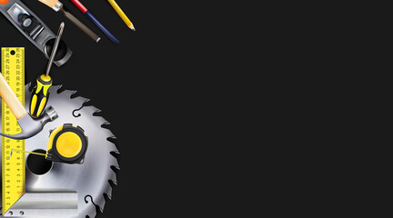 3d Composition of set tools of carpenter or construction isolated on black background. Copy-space