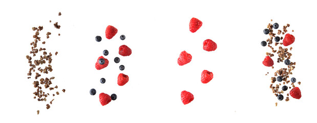 granola, blueberry and raspberry against white background. Concept of flying food