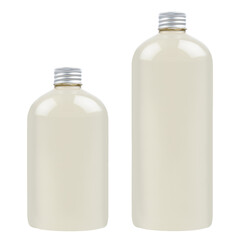 Set of two plastic tall and low bottles with pale fresh drink or cosmetic essential oil, silver cap mockup, isolated, template.