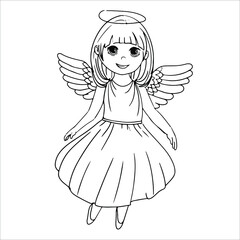 Dancing angel girl. Wings and halo. Child dressed as an angel. Coloring book Simple drawing in pastel colors. Vector illustration drawn in cartoon style isolated on white background