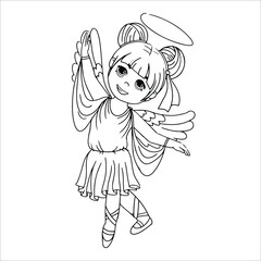 Dancing angel girl. Wings and halo. Child dressed as an angel. Coloring book Simple drawing in pastel colors. Vector illustration drawn in cartoon style isolated on white background