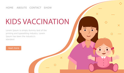 landing page Kids vaccination. Mom and child in medical clinic. Web site Routine vaccination of children. Vector illustration