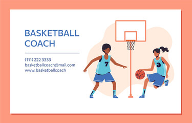 Basketball coach business card design. Flat design concept with girls playing ball. isolated on peach background. Vector.