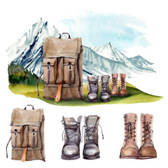 Watercolor mountain lifestyle illustrations set. - 412447370