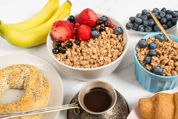 Happy breakfast with granola, croissant.