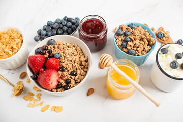 Healthy breakfast on a gray background.