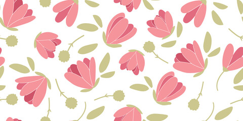 Seamless hand-drawn patterns of pink magnolia on a branch. Background, wallpaper. Purple cartoon plant. Color vector illustration of an Asian flower. For textile prints or wrapping paper.