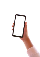 Hand of women hold a blank smartphone isolated on white background.