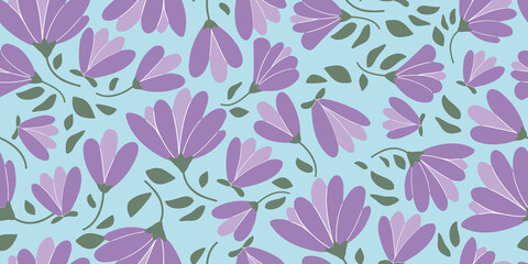 Seamless hand-drawn patterns of Purple magnolia on a branch. Background, wallpaper. Purple cartoon plant. Color vector illustration of an Asian flower. For textile prints or wrapping paper.