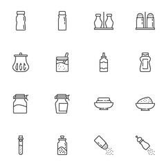 Condiment sauce bottles line icons set, outline vector symbol collection, linear style pictogram pack. Signs, logo illustration. Set includes icons as ketchup, mustard, salt and pepper shaker, flour