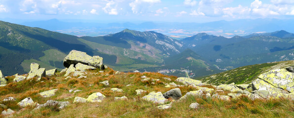 Landscape scenery - view of the Low Tatras (Nízké Tatry) on the tourist path to the Chopok mountain peak. Summertime in the Northern Slovakia, Slovak Republic, Europe.