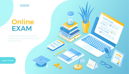 Online Exam Testing Survey. Distant learning. Questionnaire form on the laptop and phone screens, books, notebooks, calendar, hourglass, diploma. Isometric vector illustration for website.