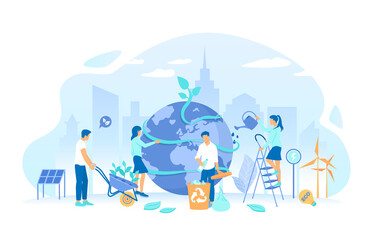 People take care about planet ecology - watering, gathering garbage, planting. Ecology, Green Eco City planet, Eco-friendly ideas. Bio technology. Vector illustration flat style.
