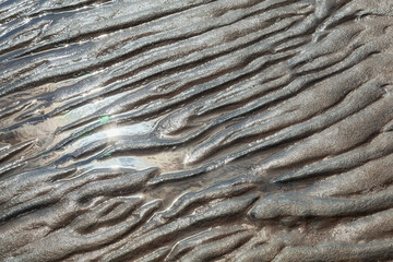 Wavy sand texture created by ocean waves. Beautiful patterns in the sand formed by wind on the beach sand texture