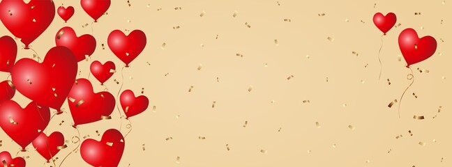 realistic 3d matt red flying heart balloons with golden ribbon and falling gold colored confetti, stock vector illustration layout, design element for header banner, poster, card design