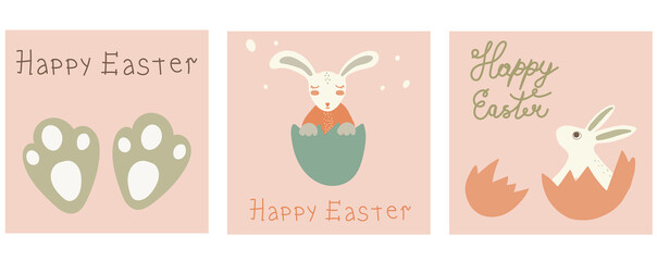 Collection of cute artistic cards for kids. set of cute postcards rabbits, bunny legs, eggshells.