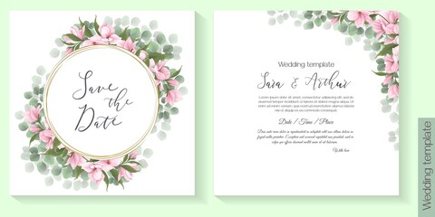 Vector floral template for a postcard. Gold round frame, eucalyptus, magnolia flowers, green leaves, pink flowers.