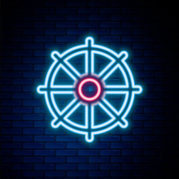 Glowing neon line Dharma wheel icon isolated on brick wall background. Buddhism religion sign. Dharmachakra symbol. Colorful outline concept. Vector.