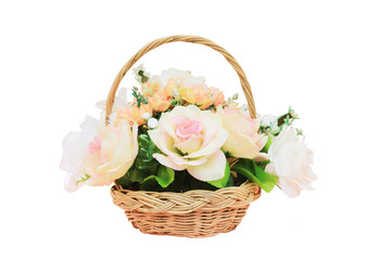 Fototapeta na wymiar white plastic flower on basket isolated on white background