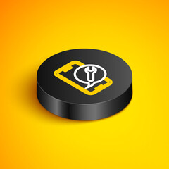 Isometric line Mobile phone with wrench icon isolated on yellow background. Adjusting, service, setting, maintenance, repair. Black circle button. Vector.