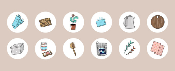 A cute vector icons highlights social network about home life and cleaning. Nice vector flat illustration in cartoon style with household items, clothes and hearts on a beige background. 