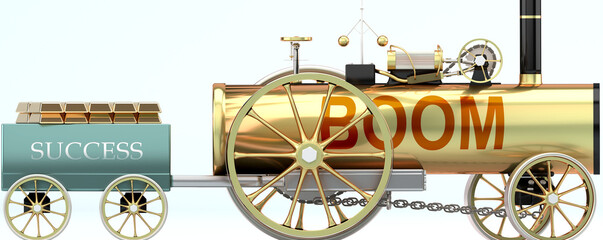 Boom and success - symbolized by a retro steam car with word Boom pulling a success wagon loaded with gold bars to show that Boom is essential for prosperity and success in life, 3d illustration