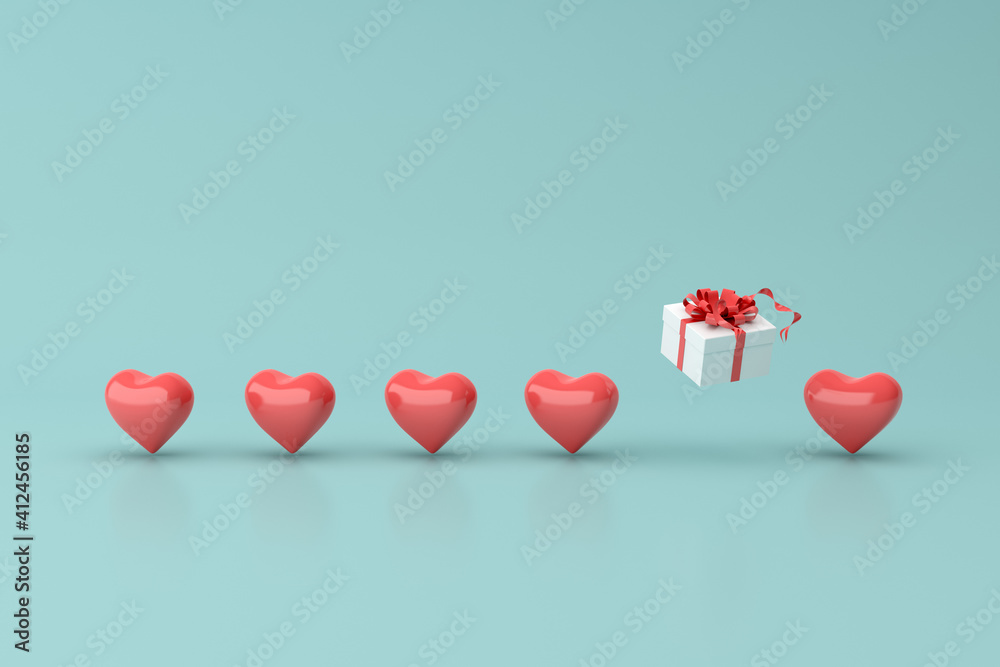 Poster mock up of gift box and heart shape. 3d rendering.