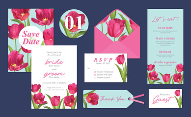 Obraz premium Tulip flower background template. Vector set of floral element for wedding invitations, greeting card, envelope, voucher, brochures and banners design.