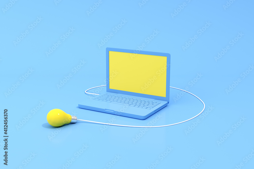 Poster 3d rendering of blank screen laptop and yellow light bulb. minimal concept.