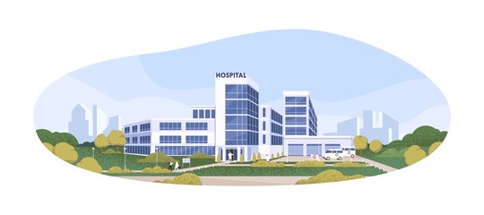 Modern building of public hospital or clinic with ambulances and patients. Exterior of municipal medical center. Colored flat cartoon vector illustration isolated on white background