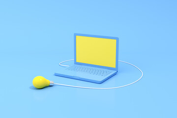 3d rendering of blank screen laptop and yellow light bulb. Minimal concept.