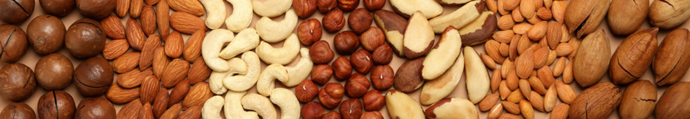 Set of different nuts on whole background, top view