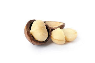 Tasty macadamia nuts isolated on white background