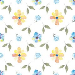 Watercolor blue and yellow flowers seamless pattern. Watercolor fabric. Repeat flowers. Use for design invitations, birthdays