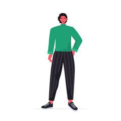 young man in casual trendy clothes male cartoon character standing pose full length vector illustration